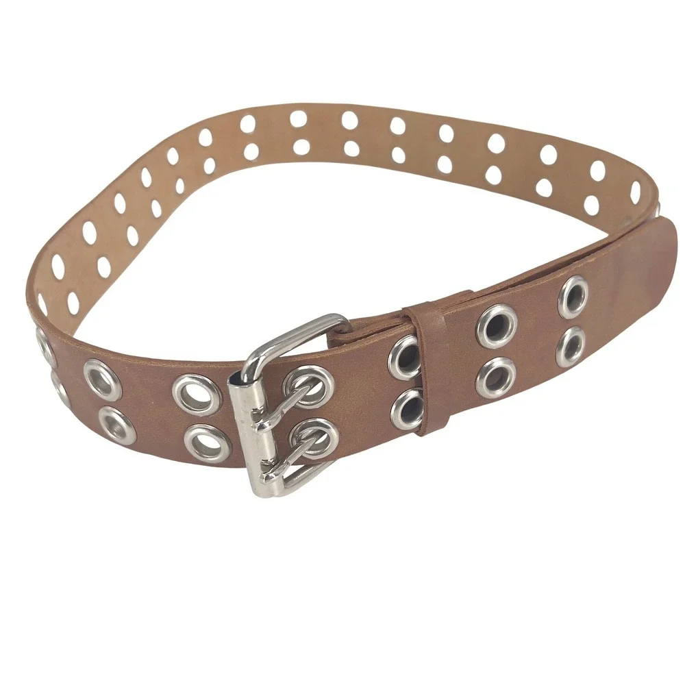 Womens Wide Double‎ Row Grommet Belt Brown Bonded Leather Silver Buckle L
